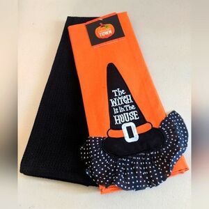 Halloween Witch Hat Kitchen Towels Black Orange Decor Party